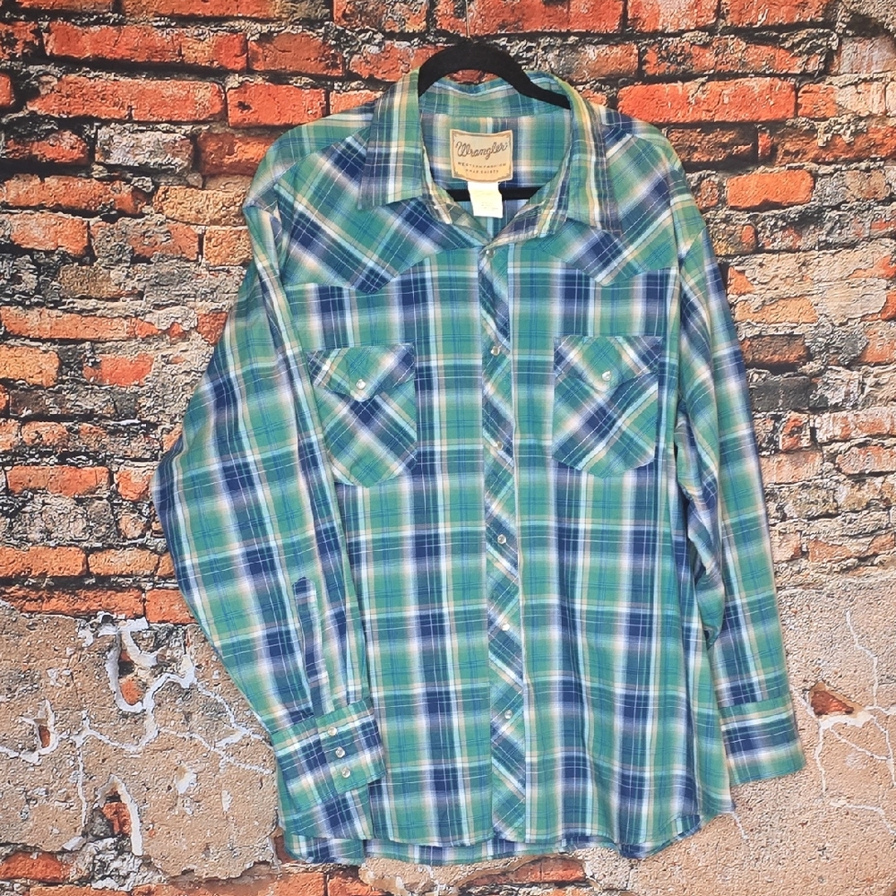 Wrangler Men's Blue and Green Plaid Snap Shirt, Sz 2X